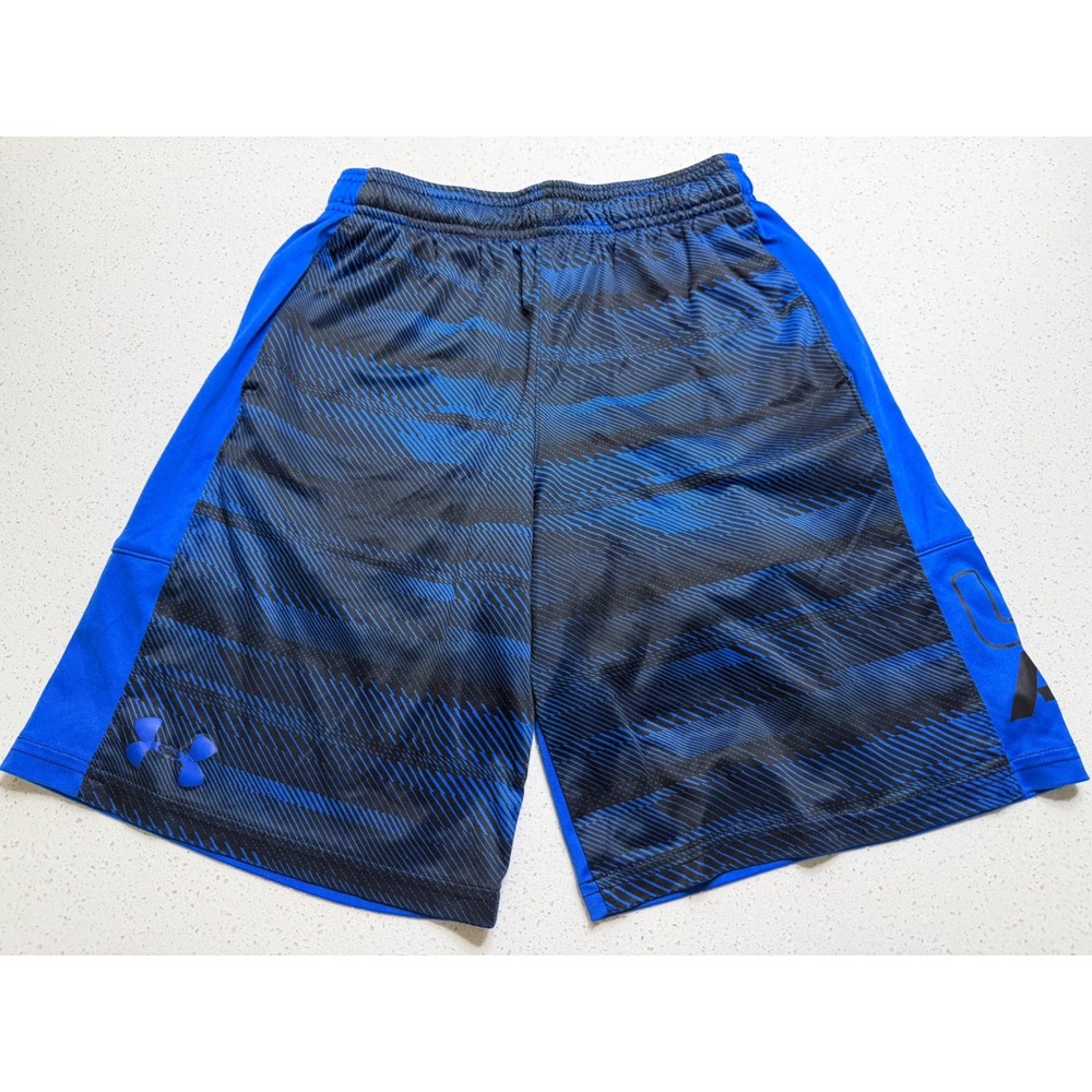 Under Armour HeatGear Boys Medium Blue Black Stripe Athletic Shorts Loose Fit
